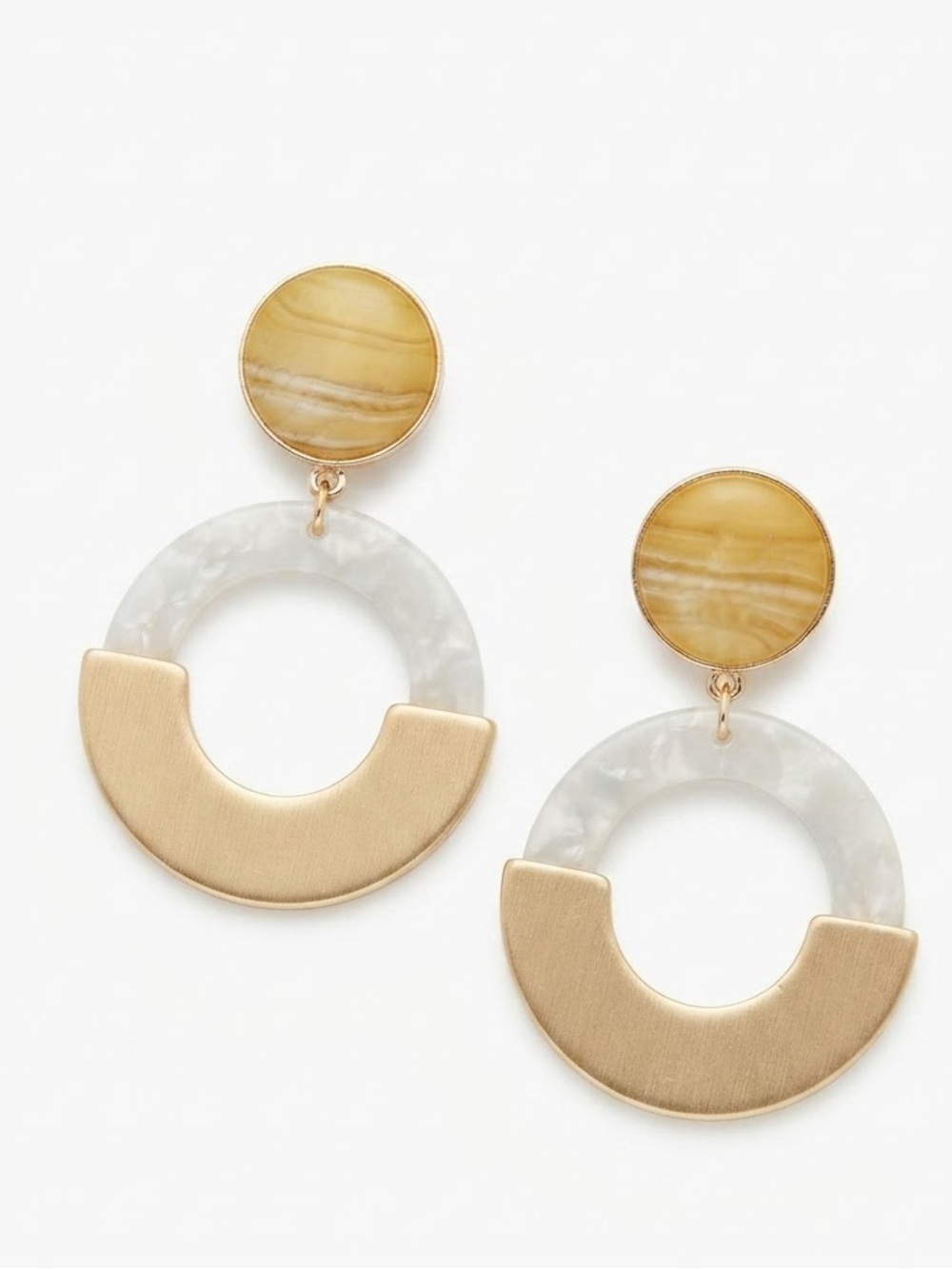 Gold and Ivory Tone Resin Hoop Drop Earrings
